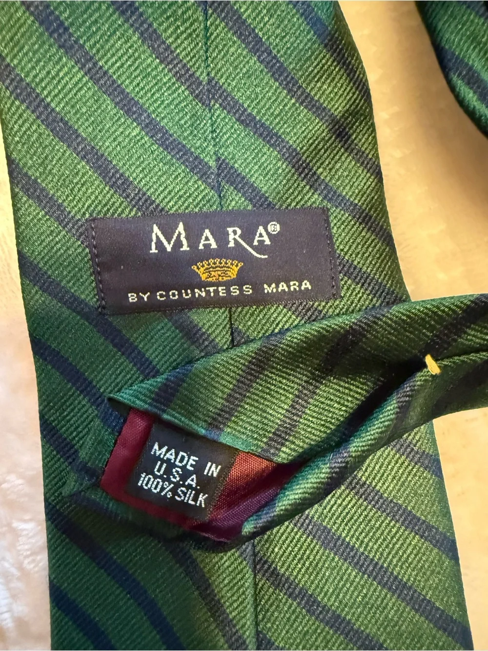 Countess Mara green and navy blue striped repp silk necktie